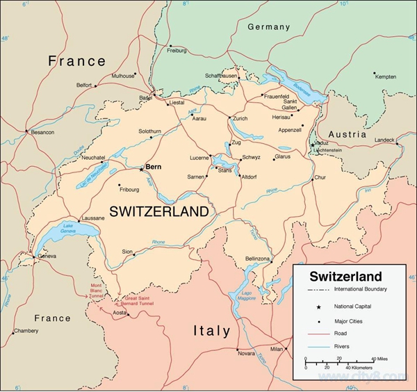 瑞士在欧洲的地理位置