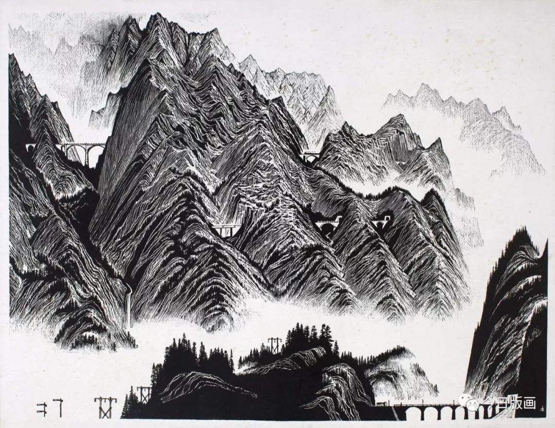 丰中铁 《蜀山图》 黑白木刻 139×58cm 1984年