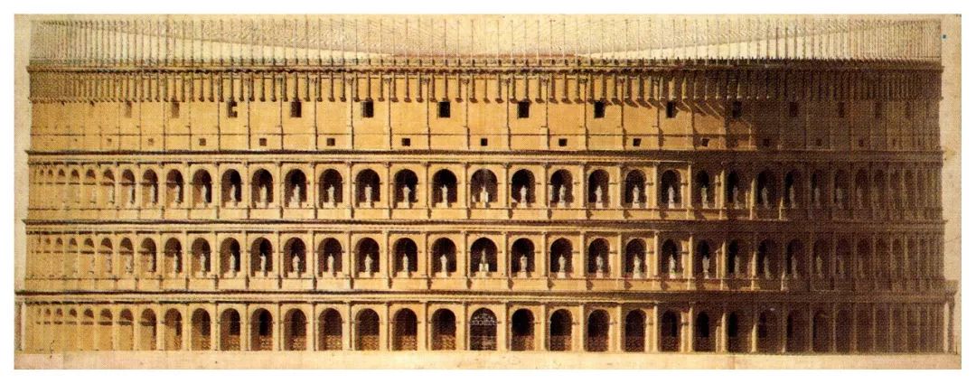 三层各有80个拱形开间,都是采用与马塞卢斯剧场立面类似的券柱式构图
