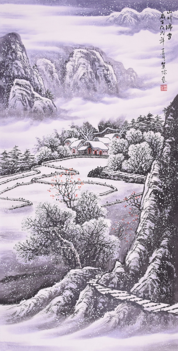 画家贺林雪景山水画:瑞雪祥和,山村宁静