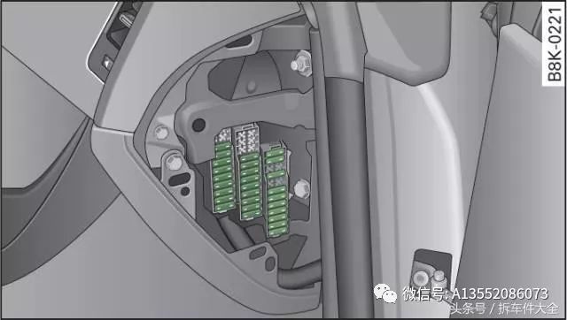 奥迪a4 敞篷车 1,保险丝位置 (1)仪表板工作台左侧 奥迪a6l c6 车型 1