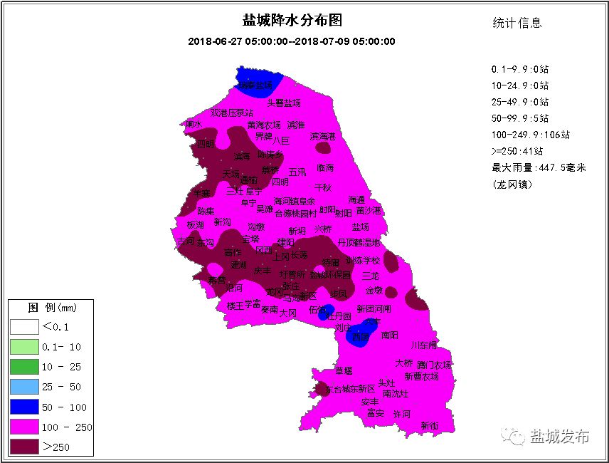 盐城市2018年梅雨期雨量分布图