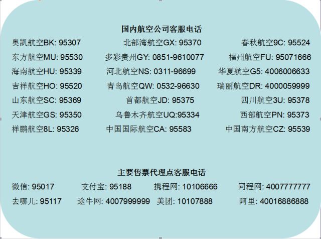 各国内航空公司都有自己的客服电话,您只需拨打以下电话即可轻松获知