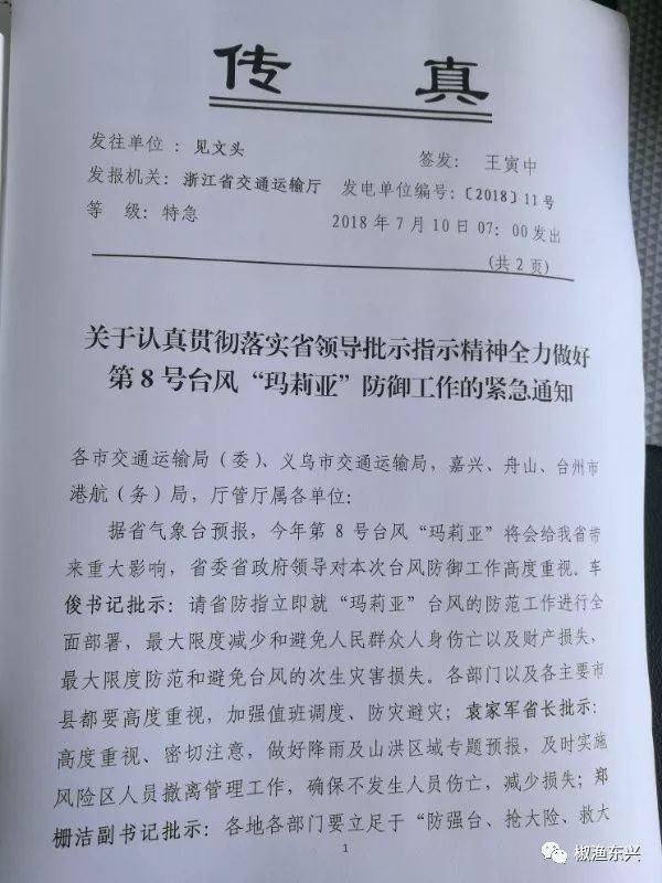 关于认真贯彻落实省领导批示指示精神全力做好第8号台风"玛莉亚"防御