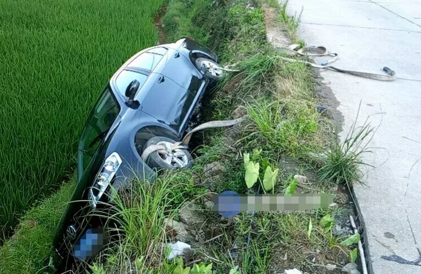 昨天,三明一辆小车开到了田沟里,吊车赶到了现场!