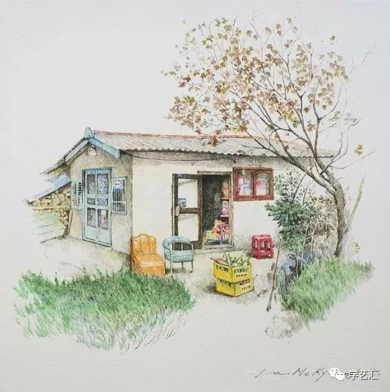 韩国艺术家lee me kyeoung的彩铅风景 用画笔记录了上百个小房子的小