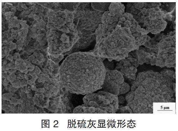 从形态图(图 2)可观察到,脱硫灰在微观层面主要由粉煤灰微粒,碎屑,不