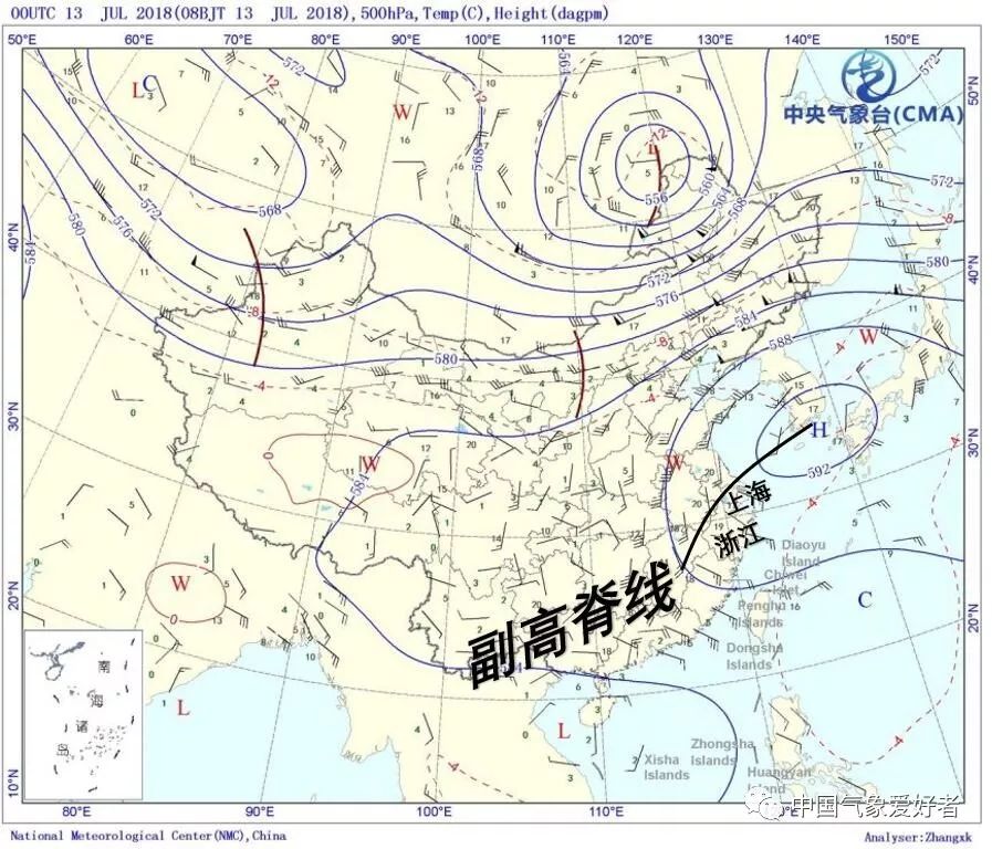 7月13日晚副高脊线位置示意图,中气爱在中央气象台天气图上标注