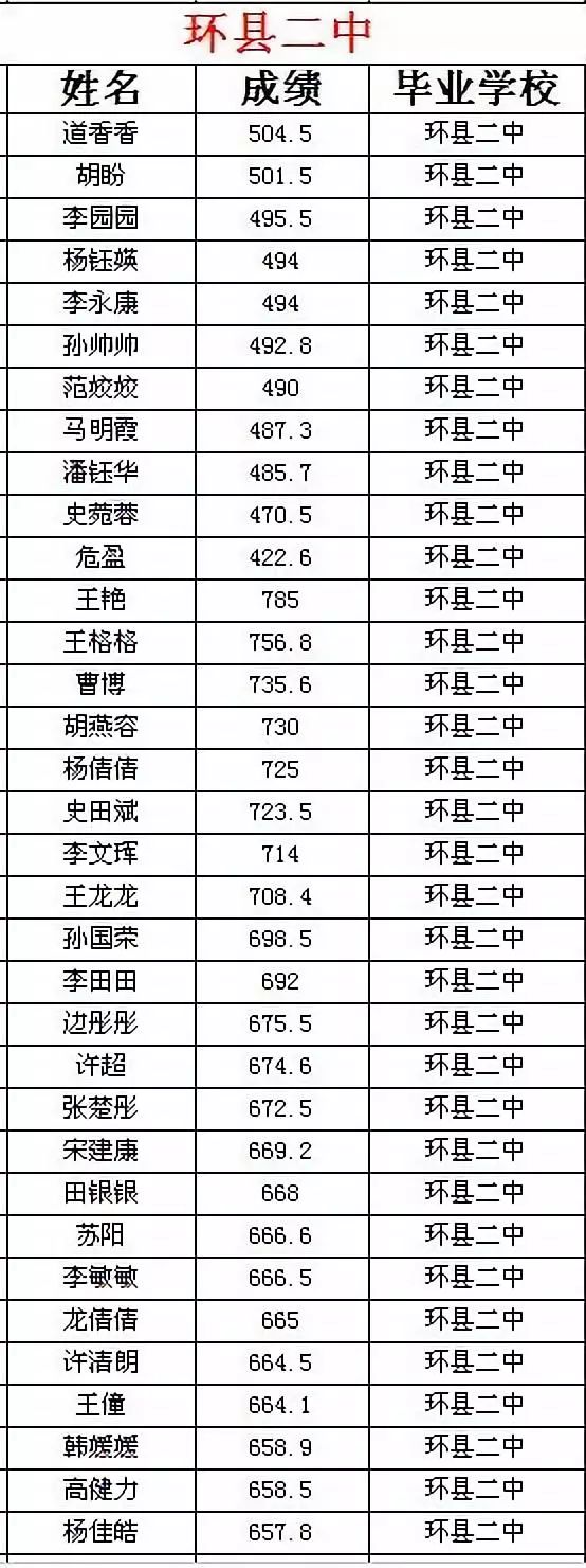 环县二中高中录取名单