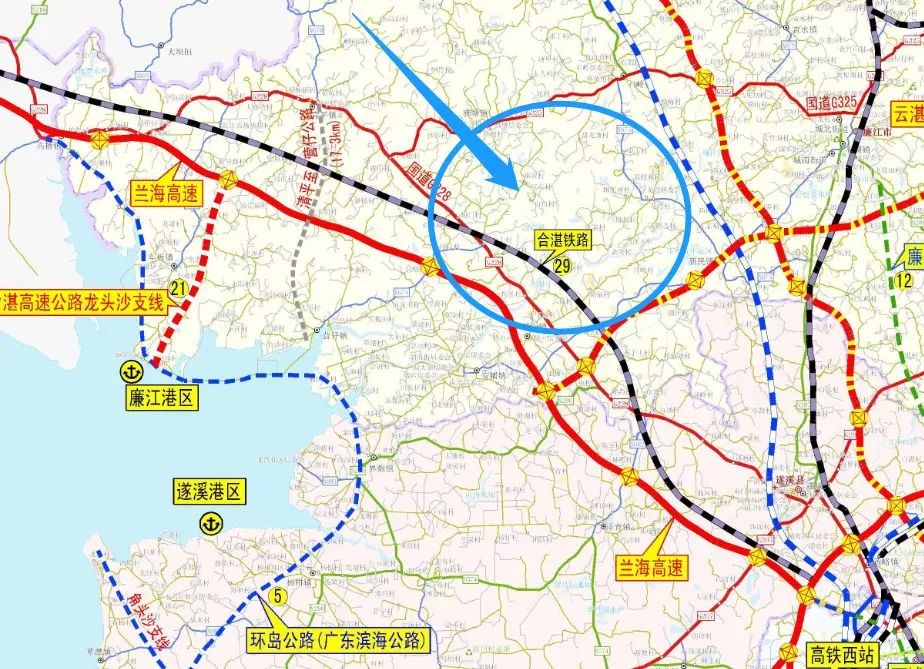 高铁 并经湛江至海安线, 规划中的琼州海峡跨海通道 与海南省相连 合