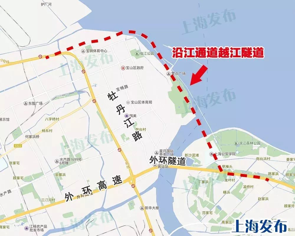 整个沿江通道西起宝山区郊环高速公路江杨北路交叉口,终点至长江隧道