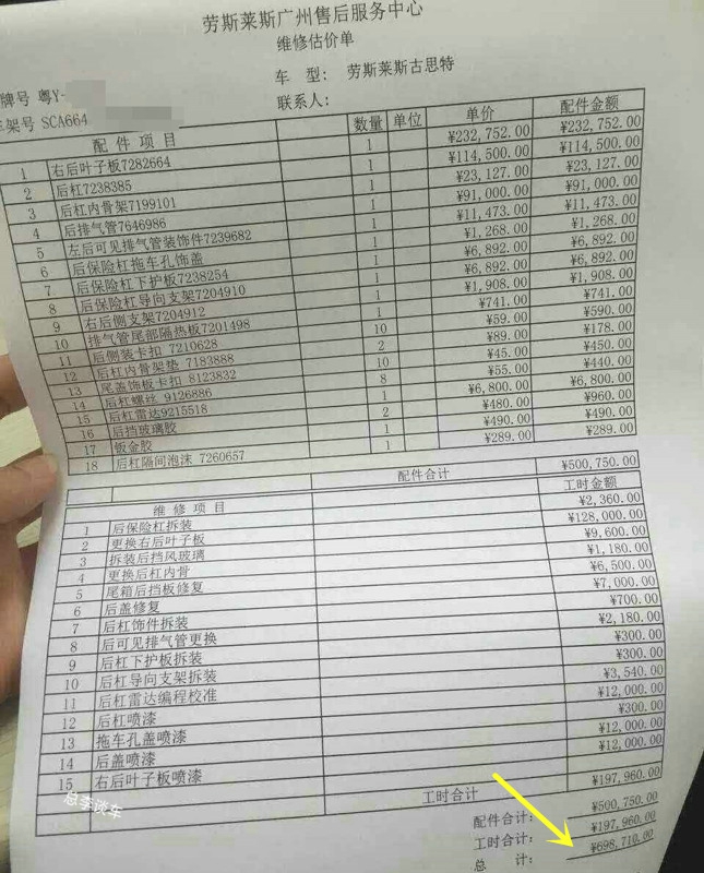 看了宾利和劳斯莱斯的维修报价表,心凉半截,车扣都要50元一个