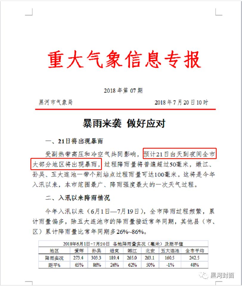 黑河市重大气象信息专报:明日(21日)暴雨来袭,后日洪峰到达黑河站!