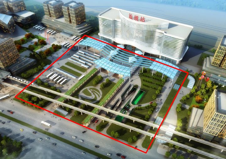项目效果图 ,汕头站站前广场各功能区基本成型,部分绿化区域