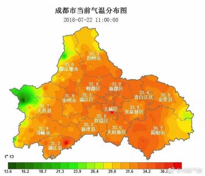 根据"成都气象"刚刚发布的消息,成都市绝大部分地区已经是一片橙色