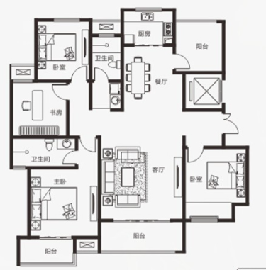 联盟新城四期160平四室两厅两卫新中式装修案例——平面户型图
