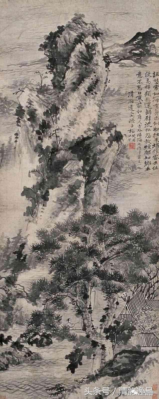 明清画家 石濤 石涛 掛軸(紙本) 水墨 「山水飛瀑図」 砡製画軸