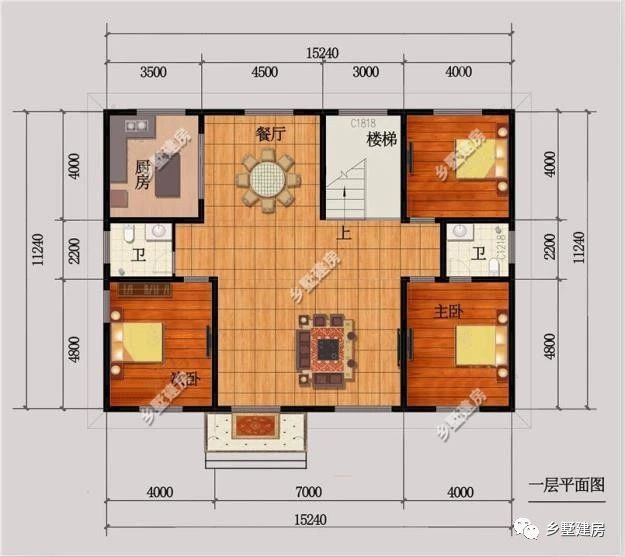 一层平面图,三室一厅设计,合理分布,空间宽阔.