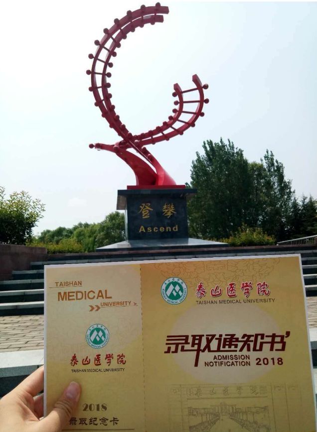 泰山医学院录取通知书形式按照对折页设计,上有泰山医学院校徽和中英