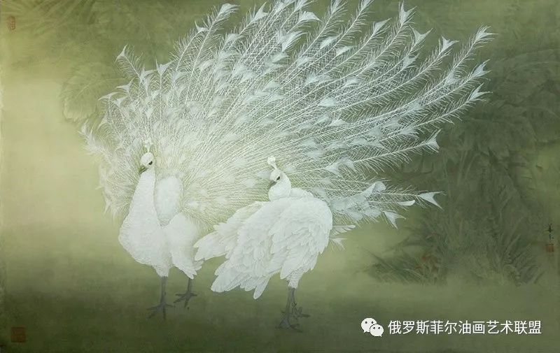 经典国画中国画家安华平工笔作品白孔雀欣赏