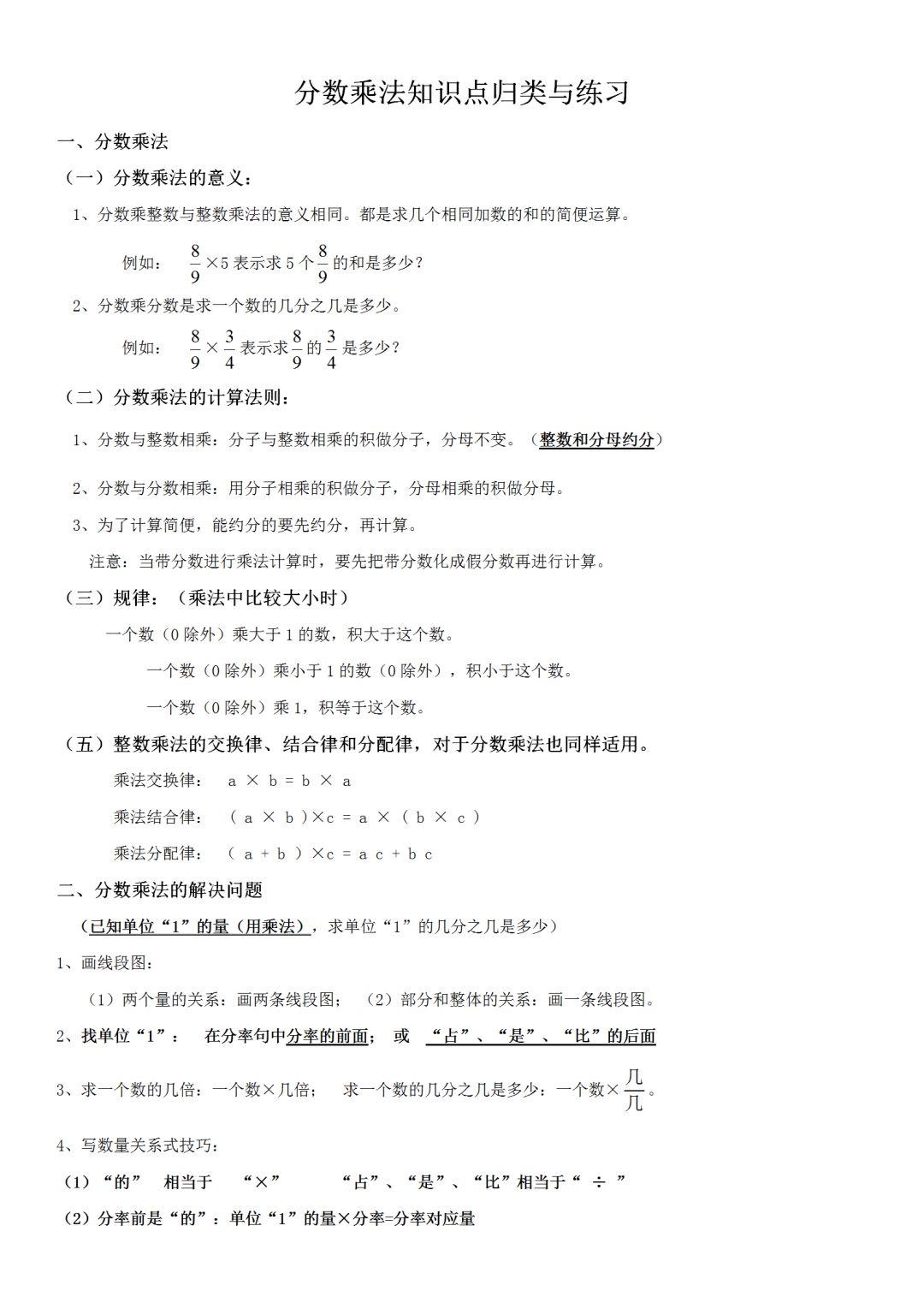 小学五年级数学分数乘法知识点归类整理及练习