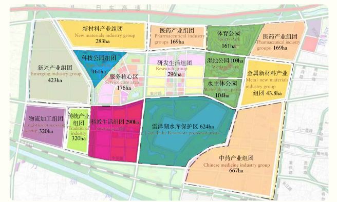 高新区规划图根据高新区对园区产业发展规划,构建五个生态区:水库