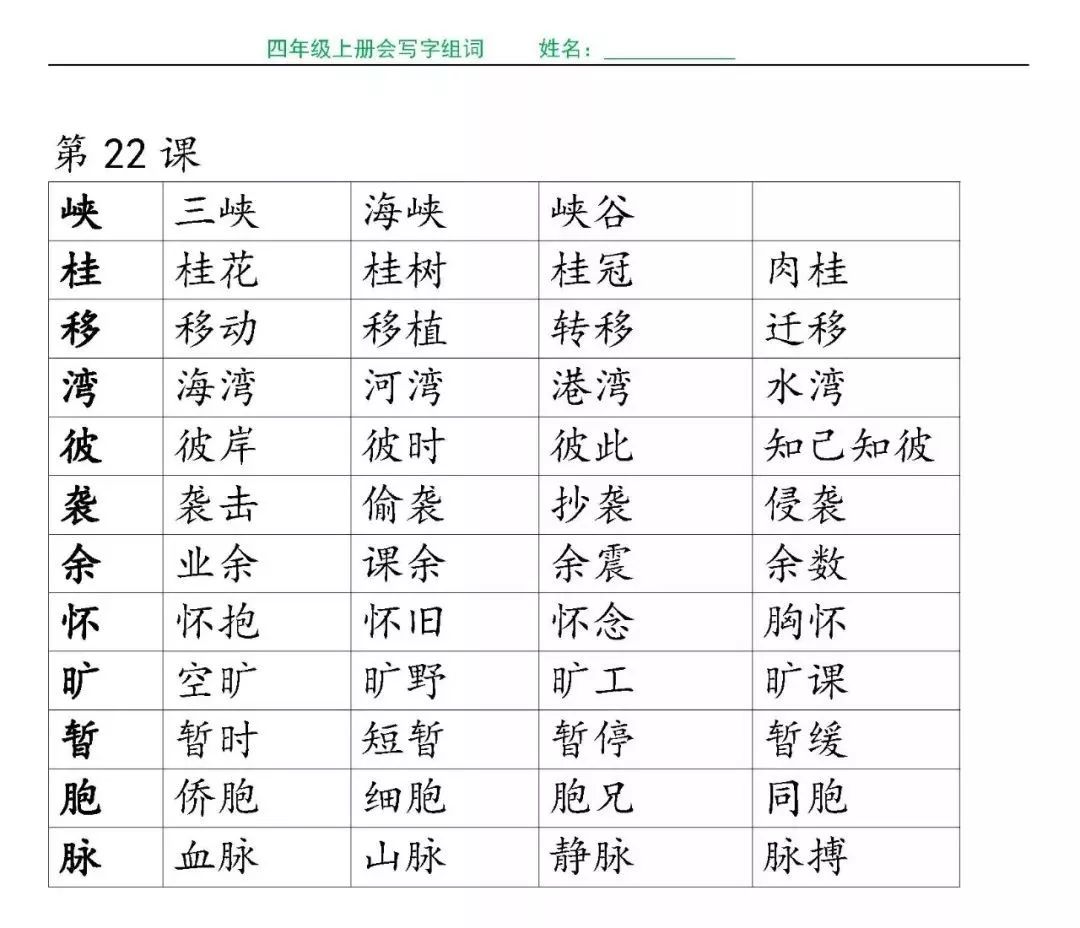 四年级上册语文各课生字组词(带拼音,完整版请下载!