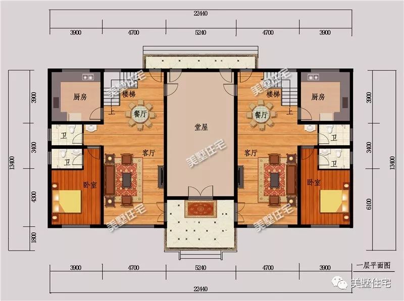 一层平面图:堂屋,2客厅,2厨房,2餐厅,4卫生间