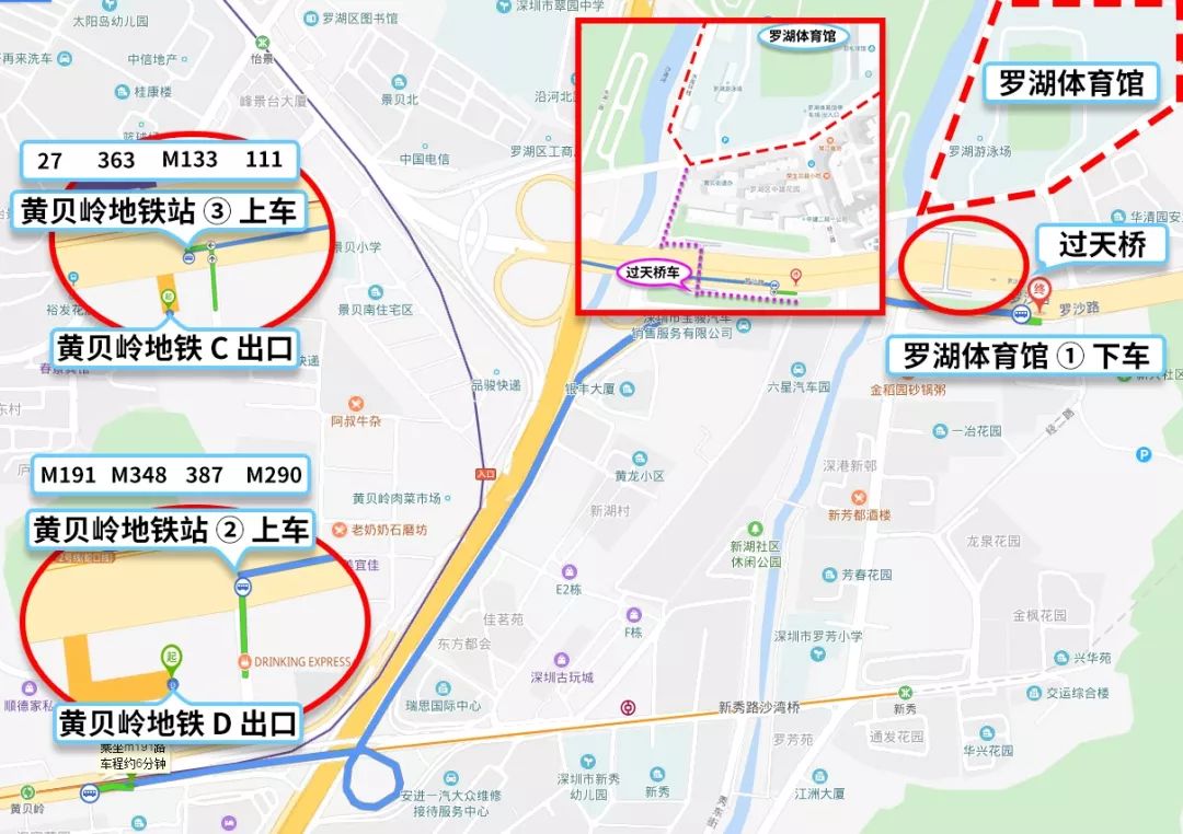 方法1:坐地铁到了2号线黄贝岭-坐公交车-走到罗湖体育馆