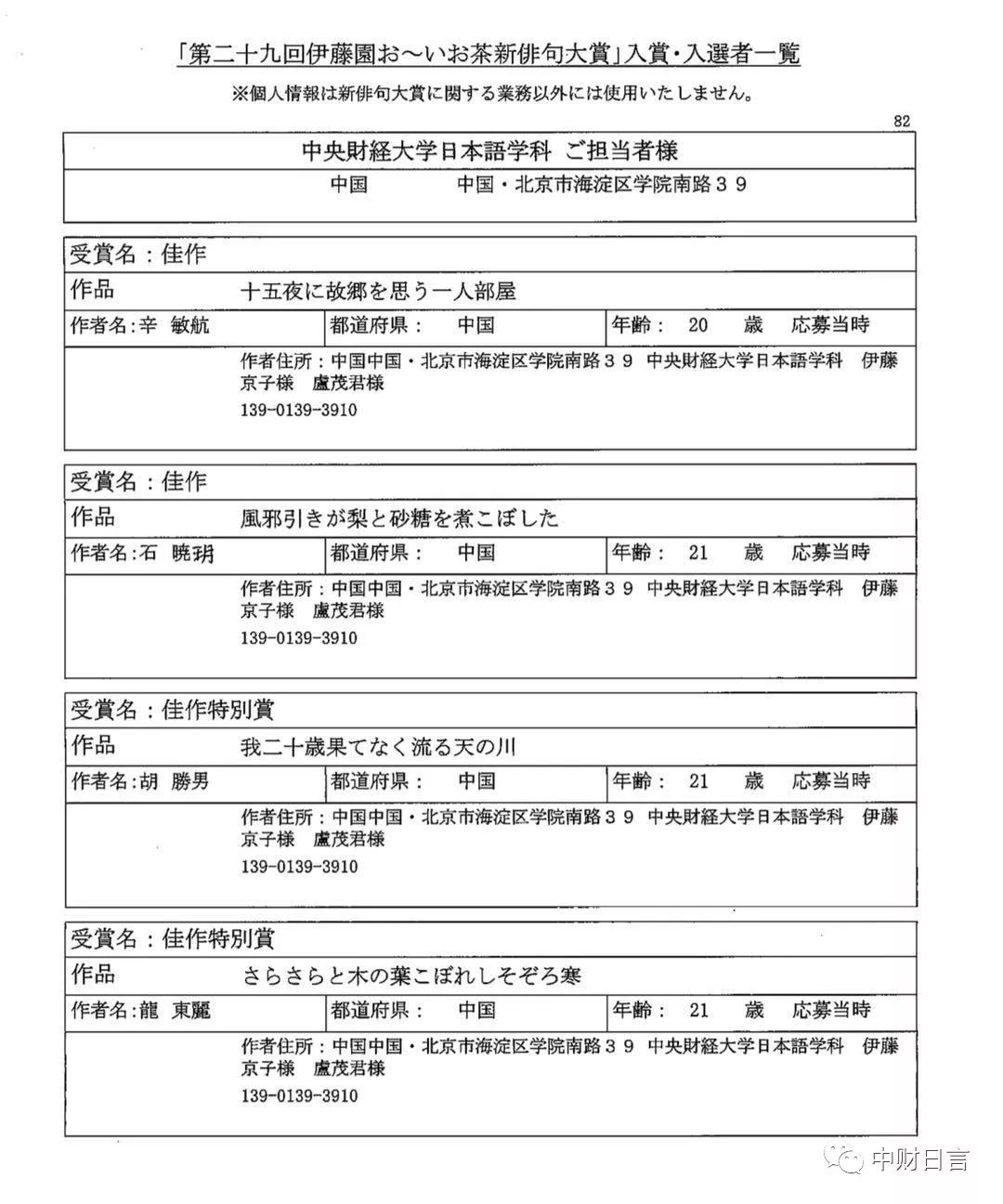 速闻 第29届伊藤园新俳句大赛 中财获得11项奖项