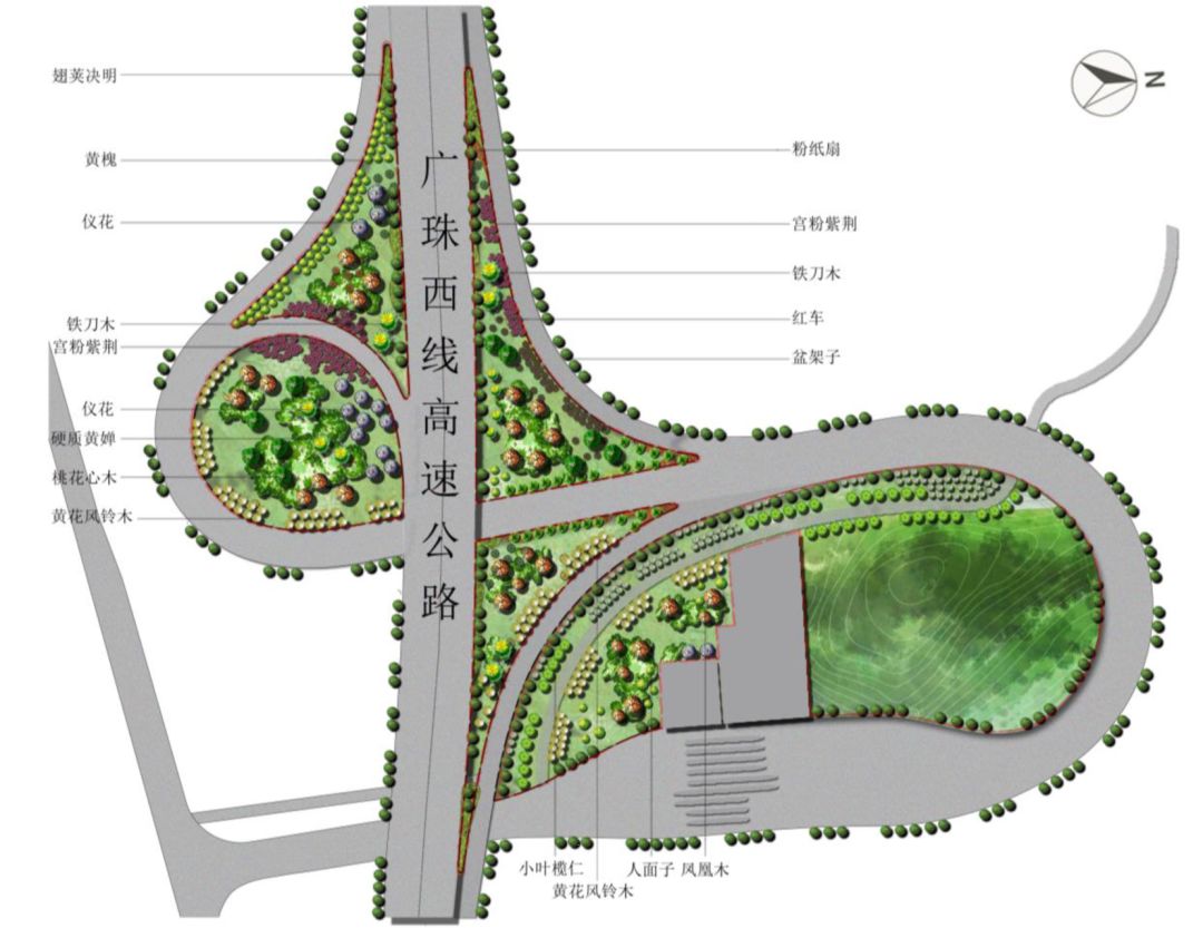 高速出入口注重植物色彩和层次的搭配,以塑造四时开花的密林景观为主