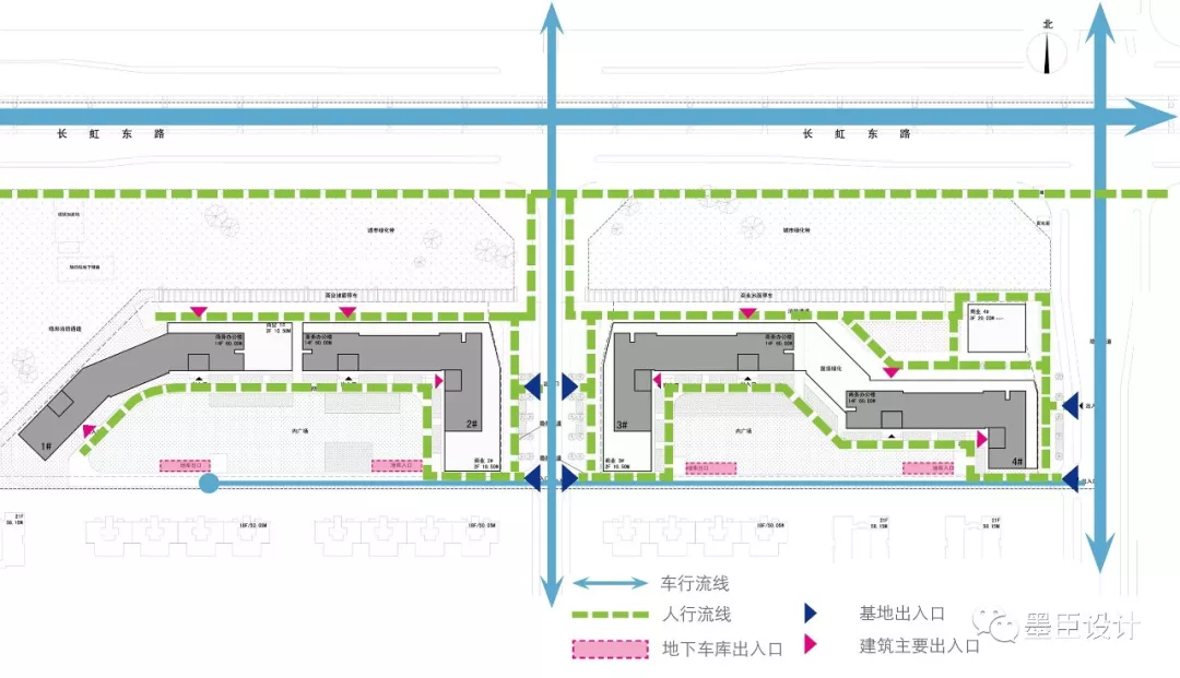 相似且连贯呼应的建筑群体,并赋予多个开放性入口和通达的交通线路