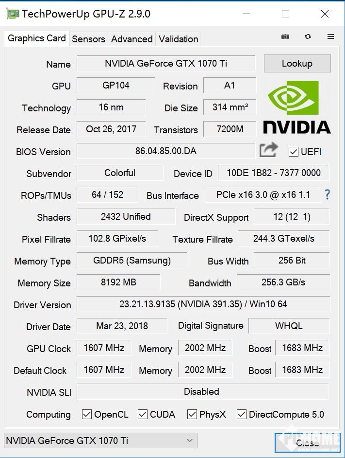 gpu-z检测到的gtx 1070ti