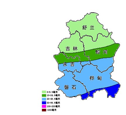 8 日,吉林市有一次明显降水天气过程,雨量由北向南递增,磐石南部,桦甸