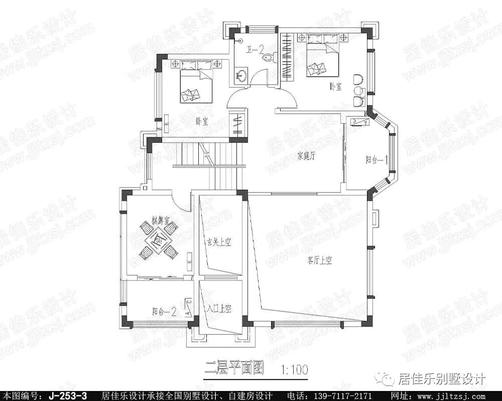 二层:客厅上空,玄关上空,入口上空,家庭厅,阳台,棋牌室,卧室2间,卫生