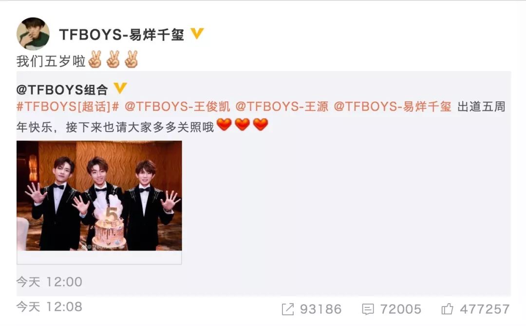 8月6日,tfboys组合在微博上传一张三人合照,并配文称:" tfboys出道五