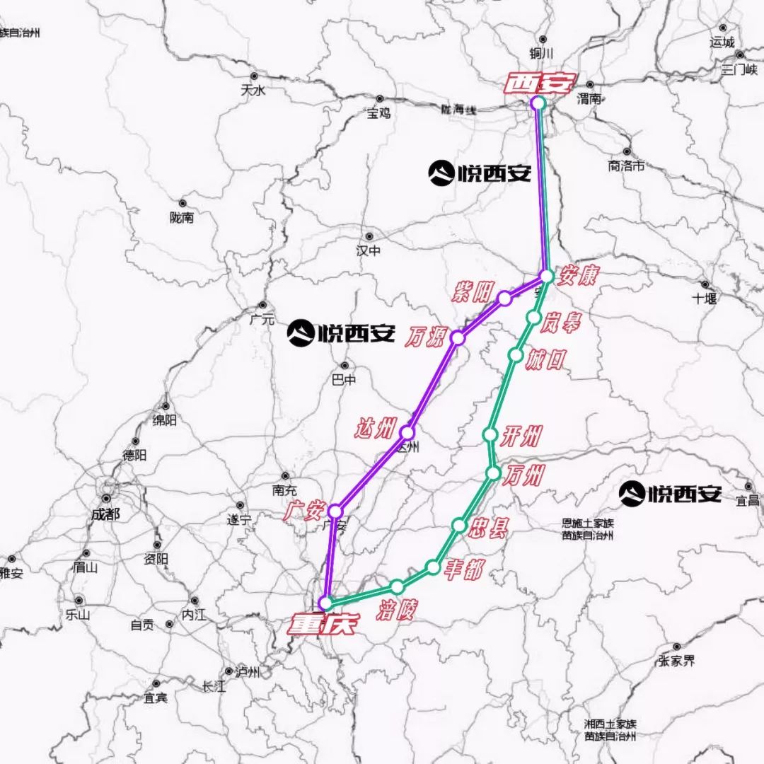 西渝高铁线路走向之争/制图 悦西安 达州方案 (紫线) 万州方案 (绿线