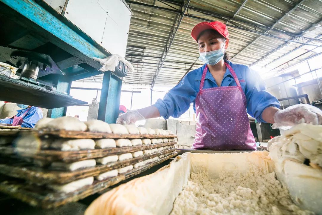 在大方县六龙镇荆州社区豆制品加工厂里,工人正忙着赶制手撕豆干.