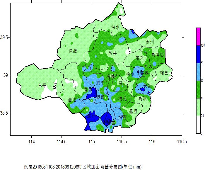 大雨及以上降水主要分布在 唐县,顺平,望都,安国,博野,易县,涞水,徐水