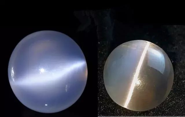 月光石(左,石英猫眼(右)月光石中间的光线会向外发散,而石英猫眼要