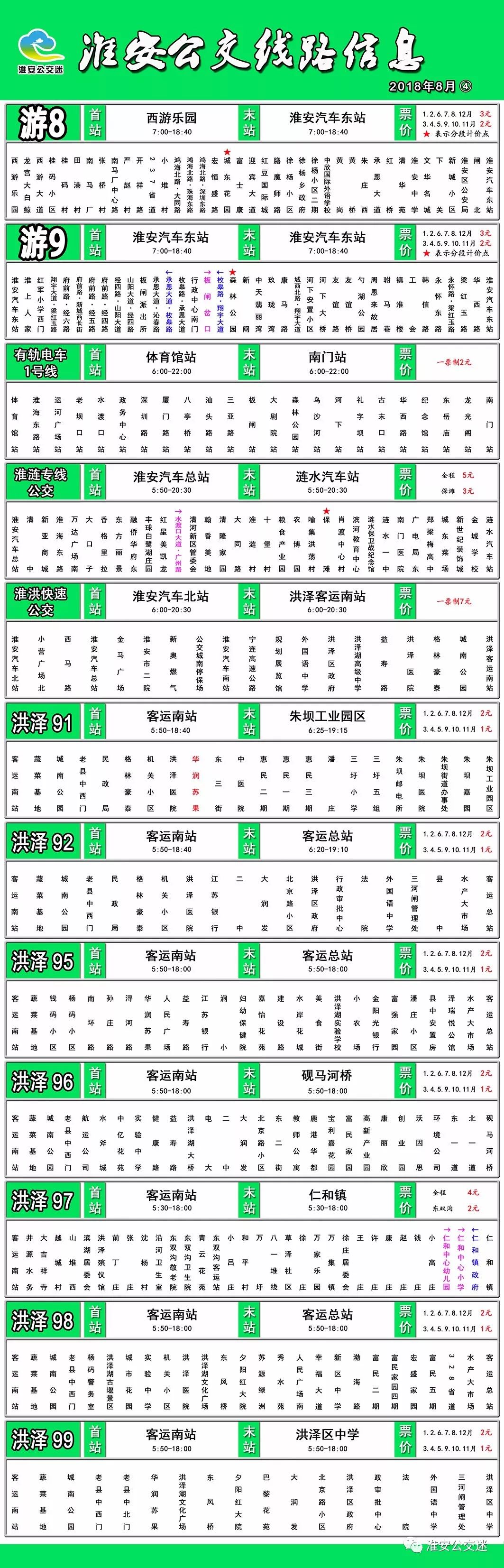 更新淮安公交线路信息大全2018年8月版