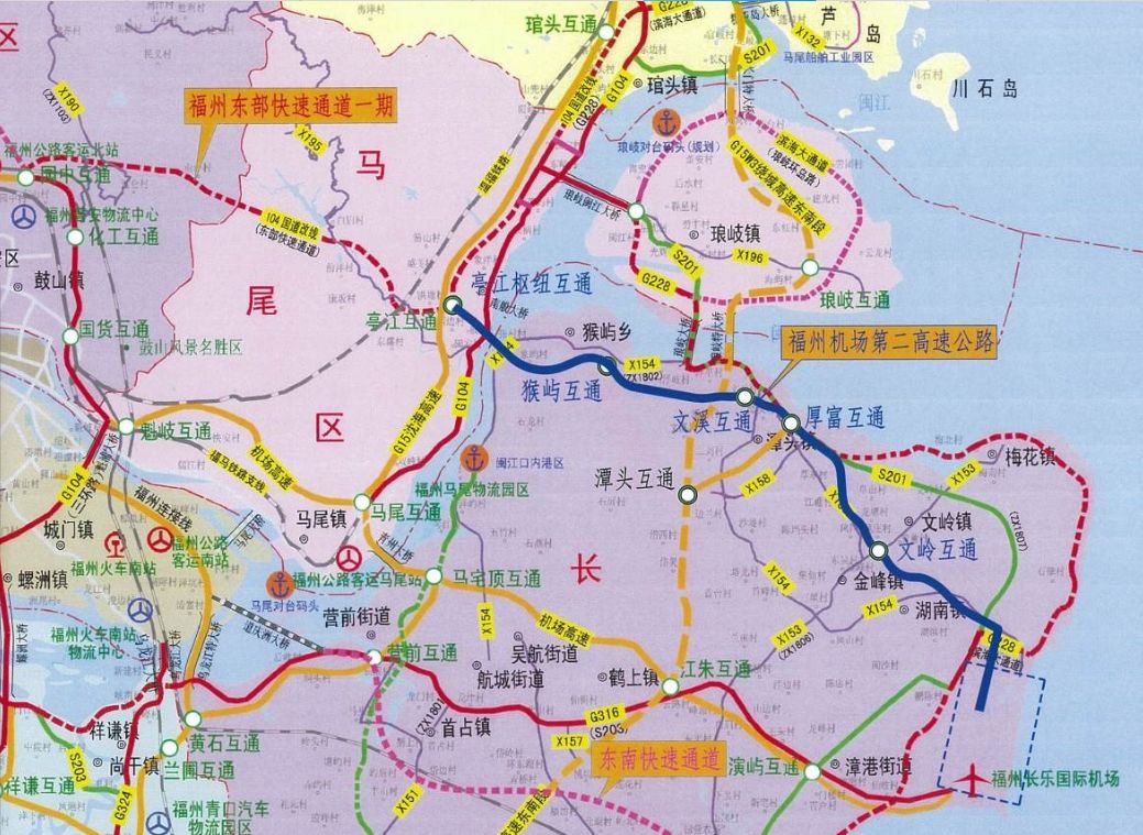 一期及国道104改线段连接,后设闽安特大桥跨闽江入海口至长乐猴屿乡
