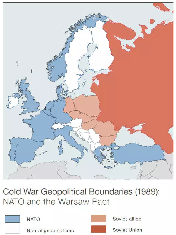 的冷战:北约(蓝),(红)和盟国(橙)