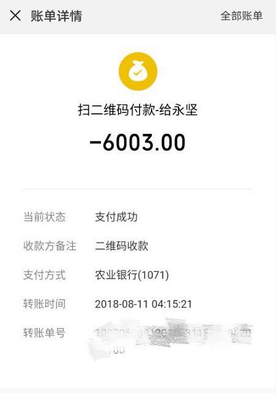 到桂江二中下车,车费显示为8元,乘客用微信支付"6003"元转账后,就勿勿