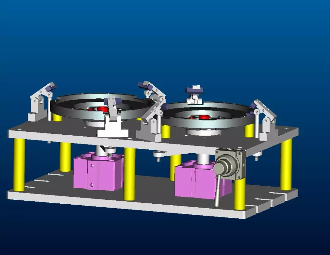 图纸格式:s格式 双工位加工中心夹具模型为气缸动力源,连杆