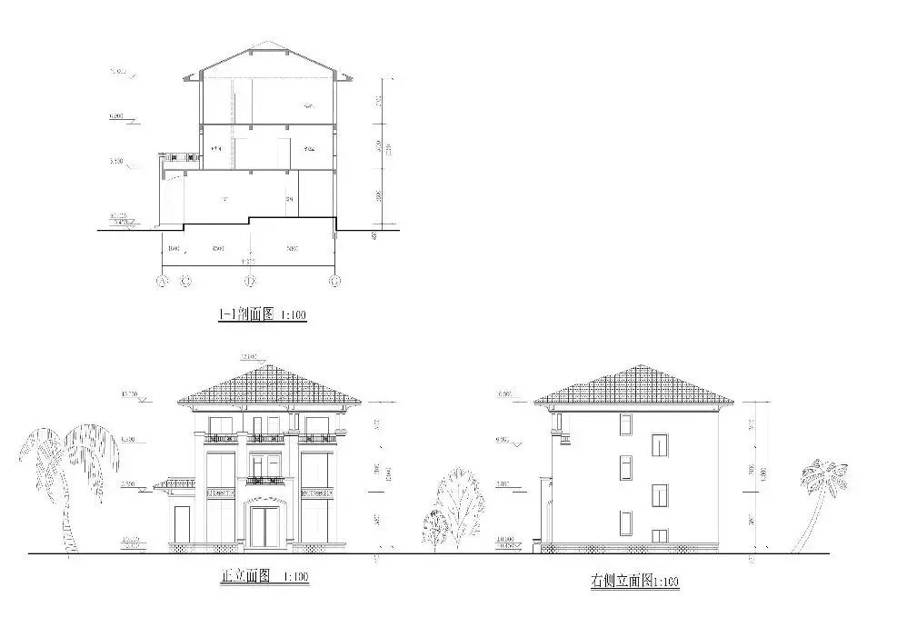 正立面图,右侧立面图,1—1剖面图1:100"考虑到农村村民的生活习惯