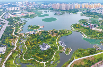 8月19日无人机拍摄的河北省河间市瀛州公园.