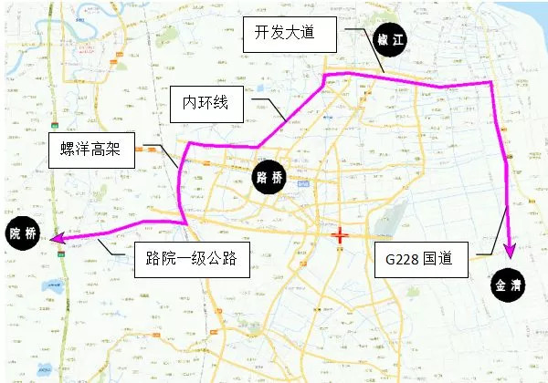 通过内环线,椒江开发大道,g228国道绕行;1,院桥/路桥——集聚区