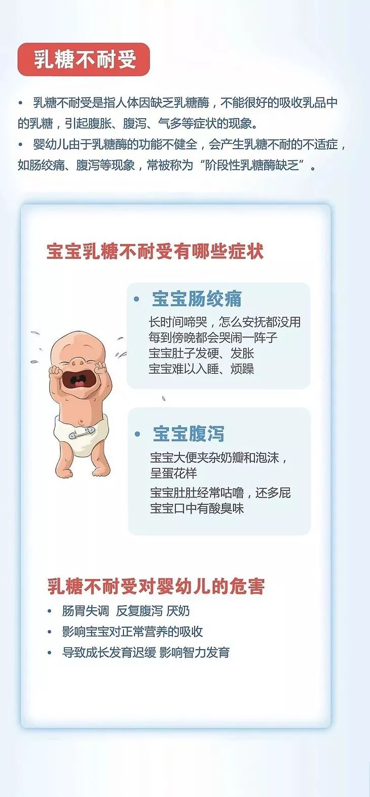 乳糖不耐受的主要症状是 腹泻:大便数次增加,可达10余次,常带出少量