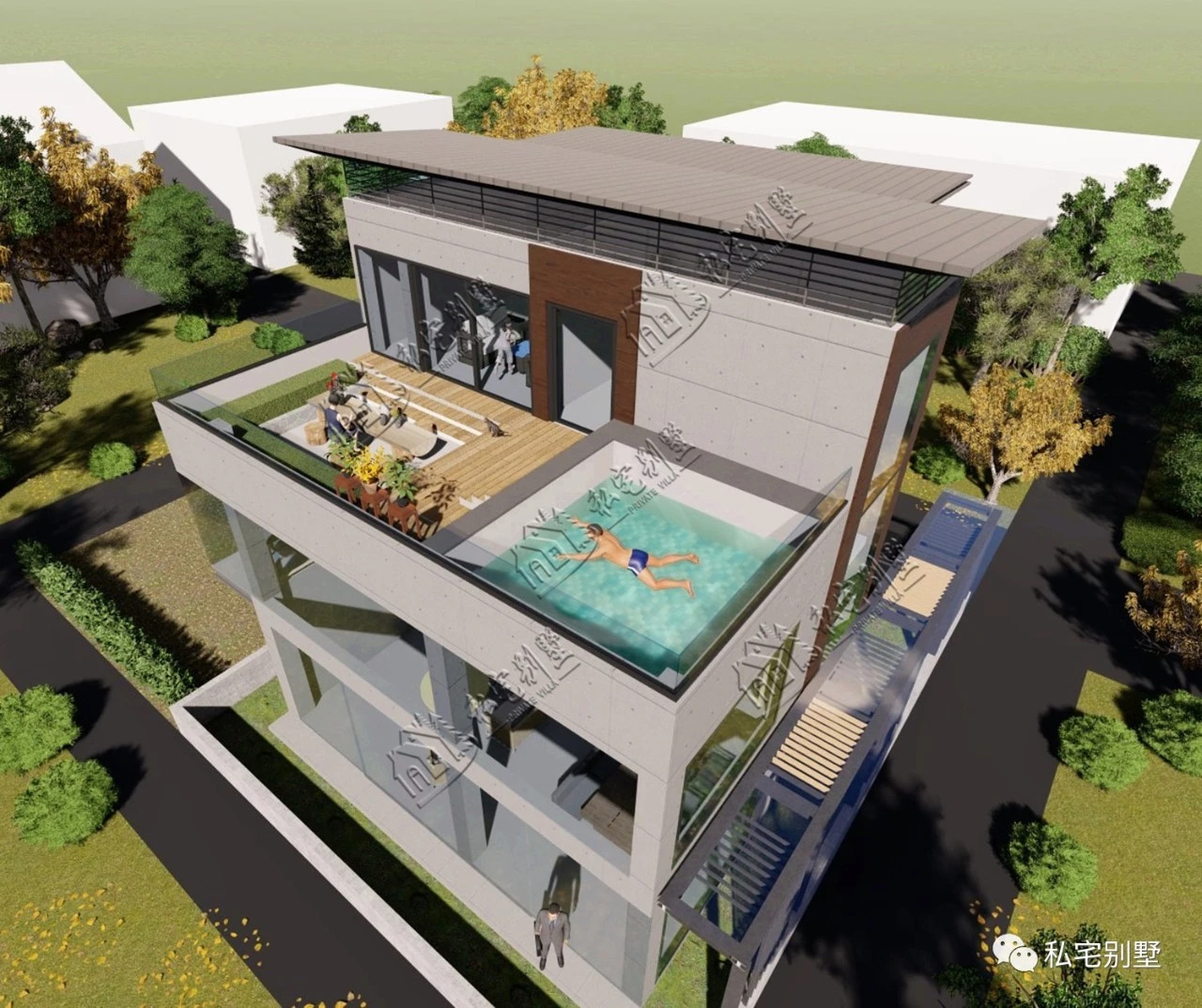 现代三层别墅,带屋顶花园和泳池才是亮点